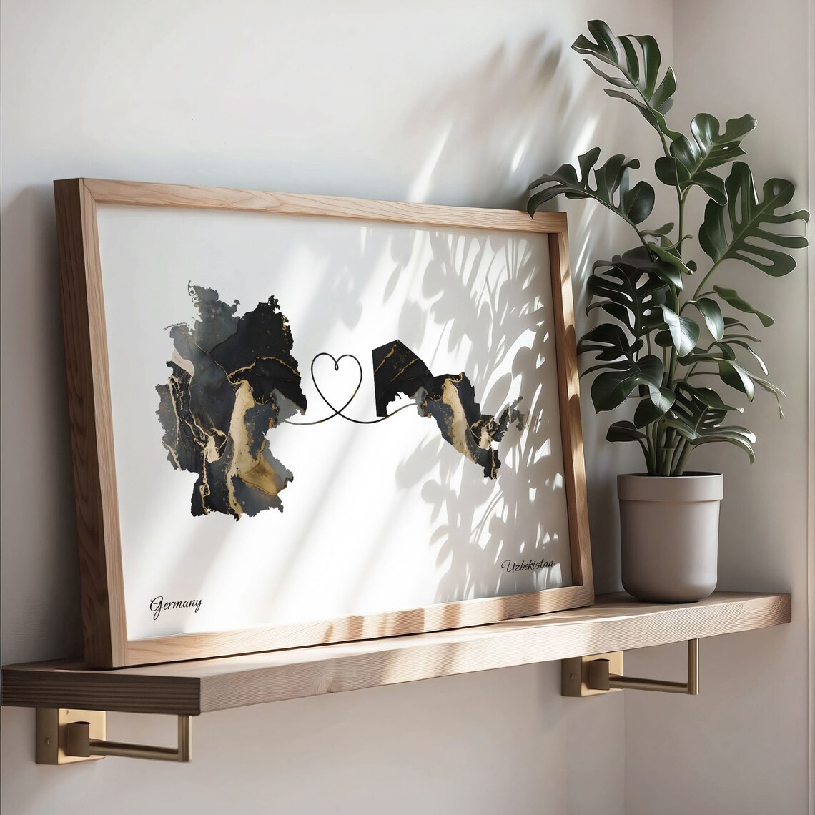 Germany To Uzbekistan Long Distance Marble Map Heart Print Art - Image 3