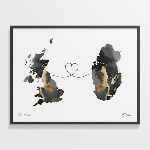 Britain and Qatar Marble Heart Connected Countries Map Poster