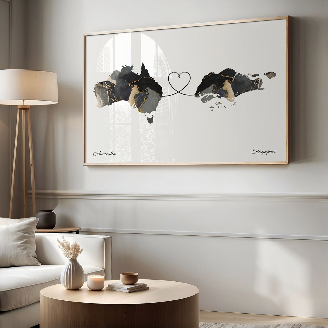 Australia Singapore Long Distance Love Heart Marble Map Gift Poster - Image 2