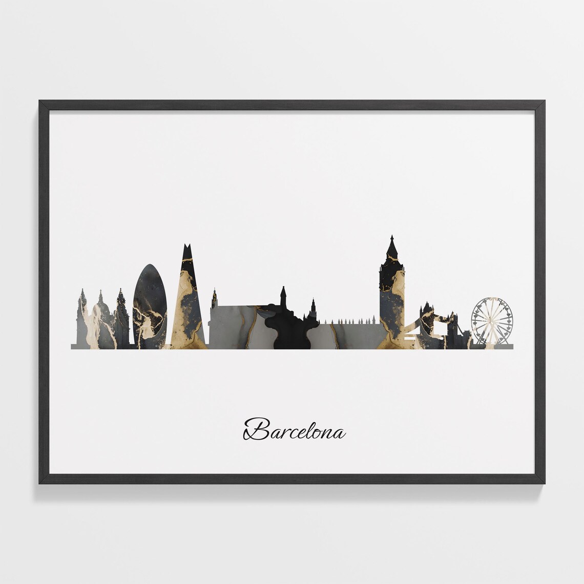 Barcelona Skyline Marble Cityscape Black and Gold Travel Poster