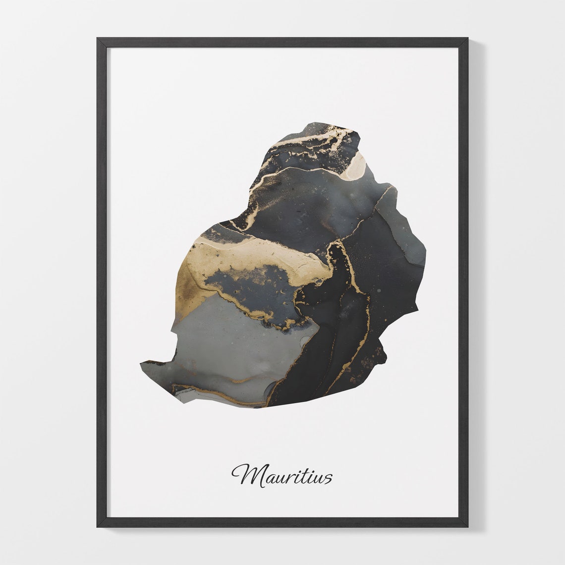 Mauritius Elegant Black Gold Marble Country Map Home Decor Art Poster