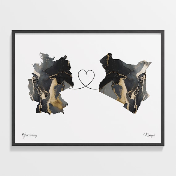Germany and Kenya Marble Heart Connected Countries Map Poster