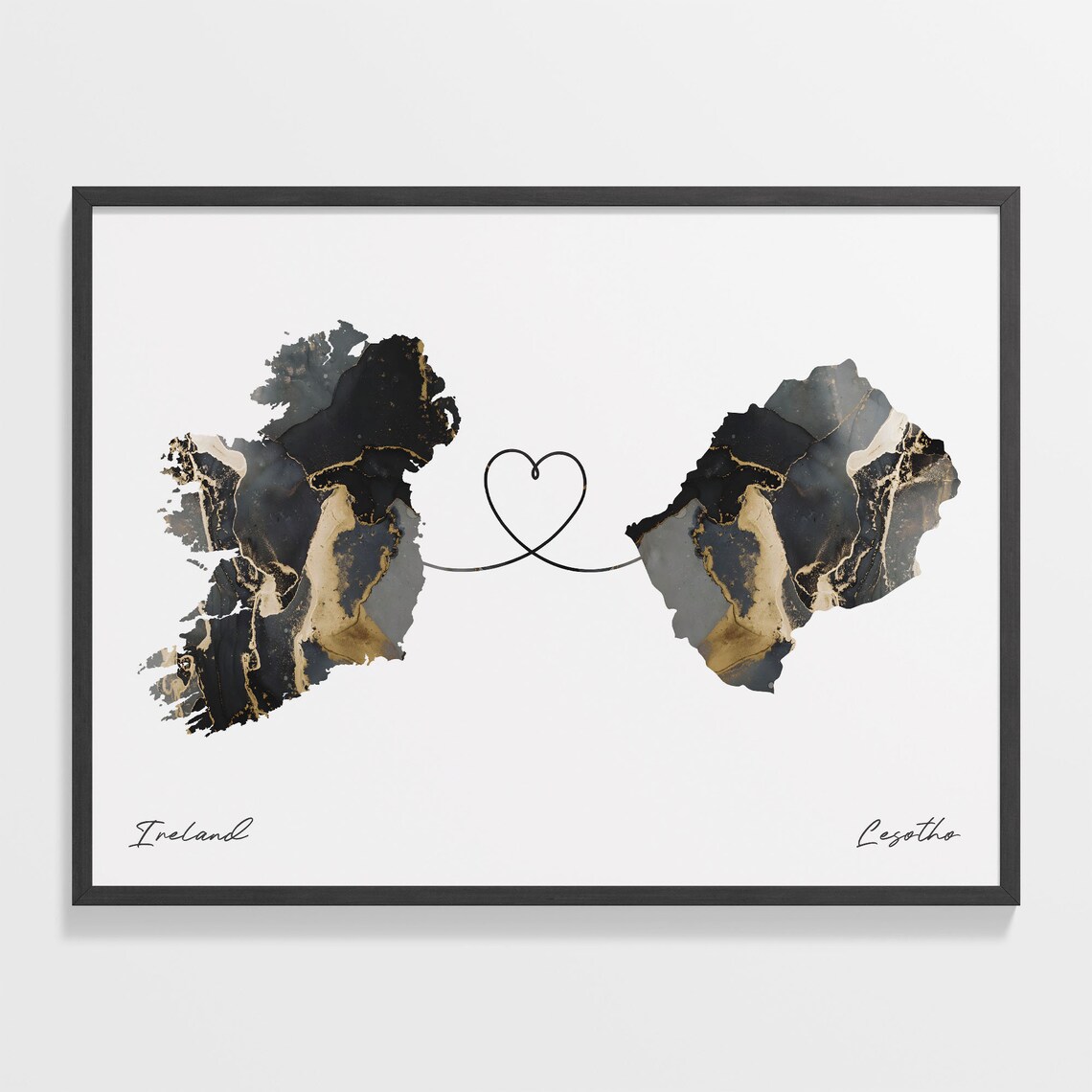 Ireland To Lesotho Black Gold Marble Two Country Heart Map Poster