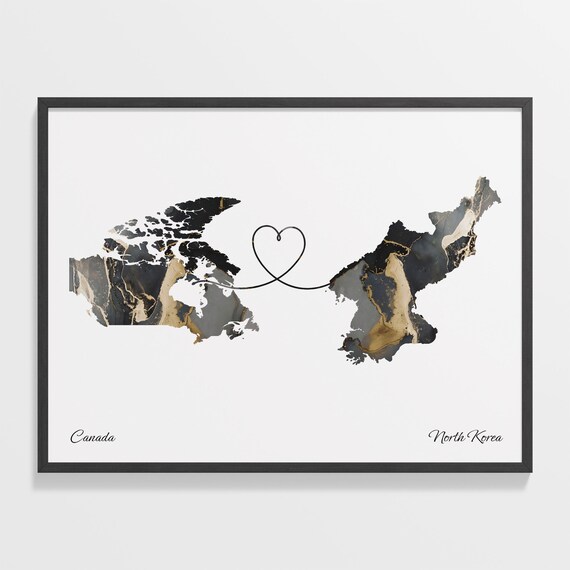 Canada To North Korea Black Gold Marble Long Distance Heart Map Poster