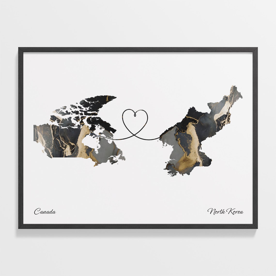 Canada To North Korea Black Gold Marble Long Distance Heart Map Poster