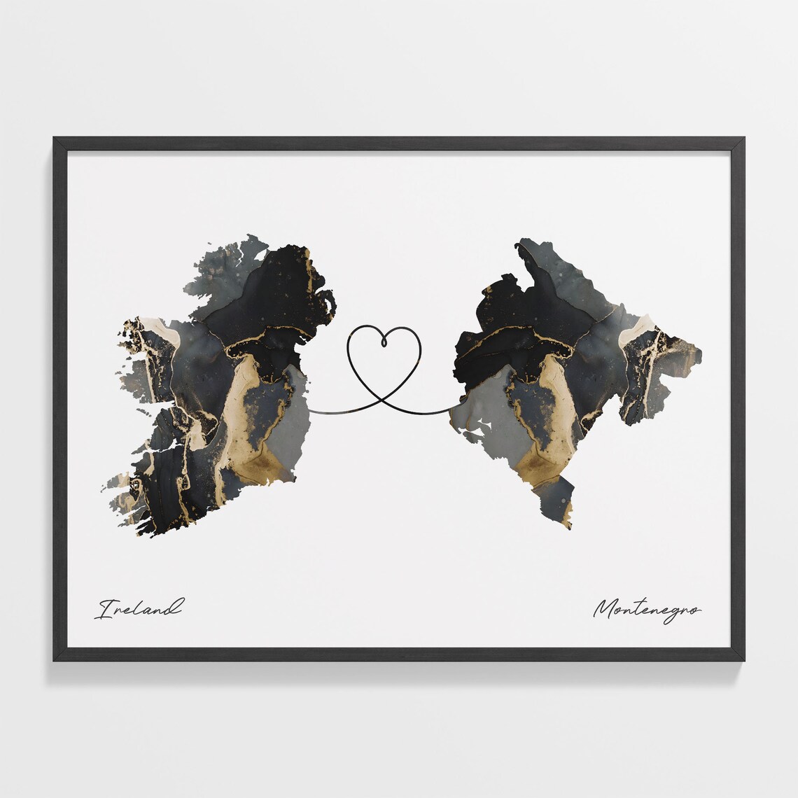 Ireland To Montenegro Elegant Black Marble Two Country Heart Map Poster