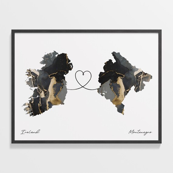 Ireland To Montenegro Elegant Black Marble Two Country Heart Map Poster