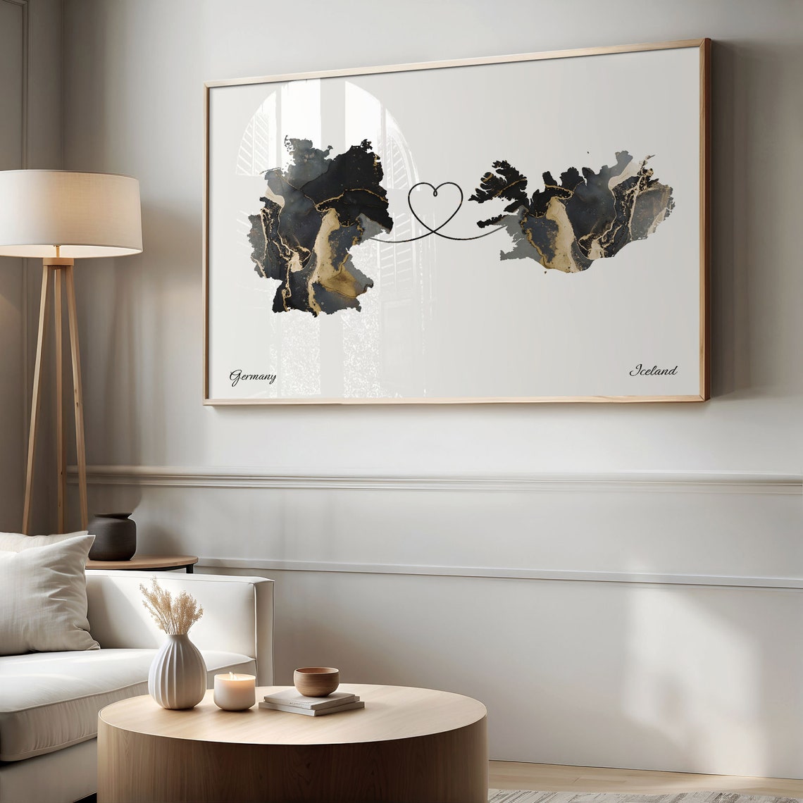 Germany and Iceland Marble Heart Connected Countries Map Poster - Image 2