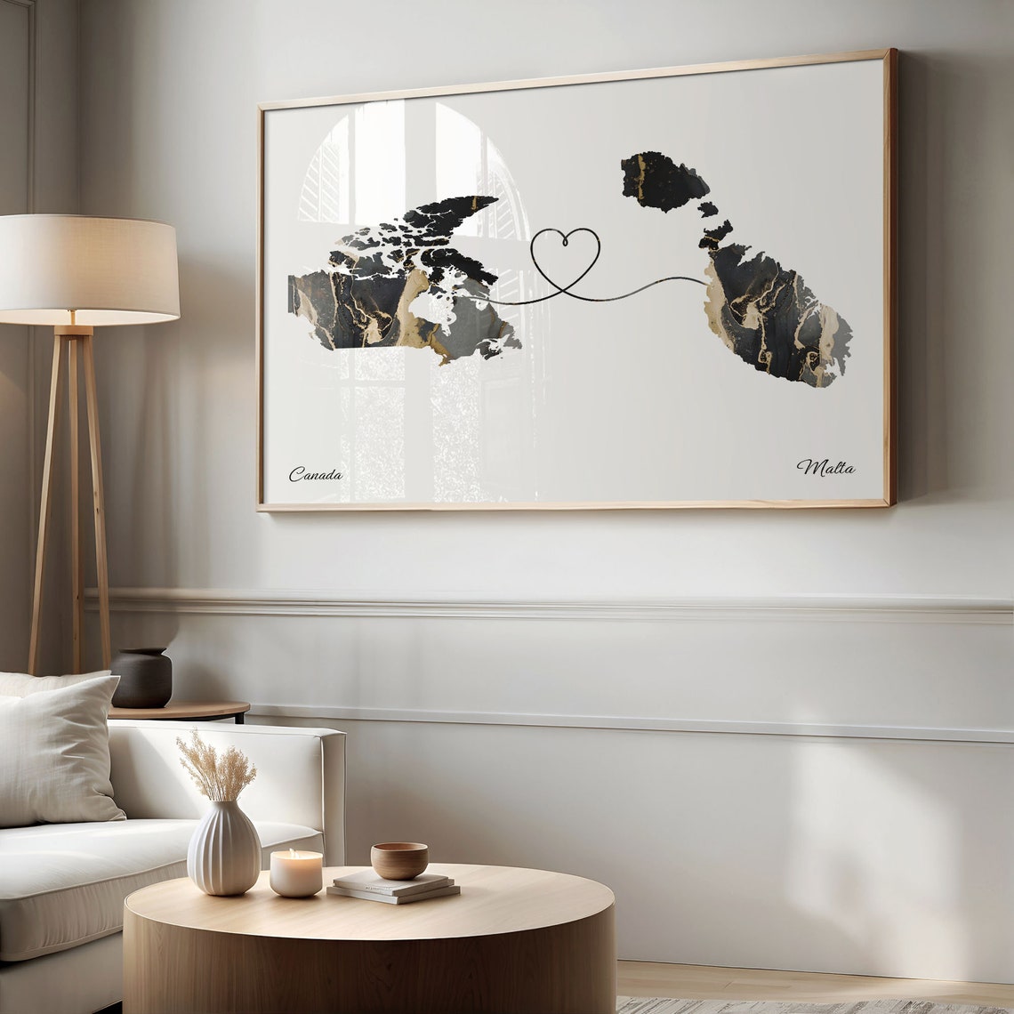 Canada Malta Long Distance Love Black Marble Heart Map Poster - Image 2