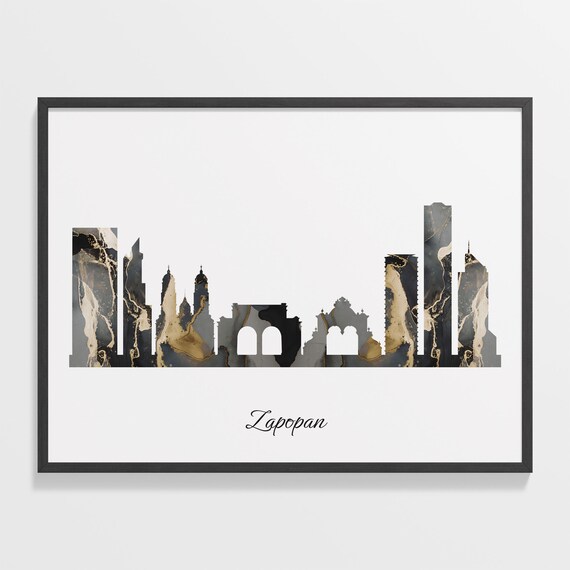 Zapopan Luxury Black Gold Marble City Skyline Silhouette Poster