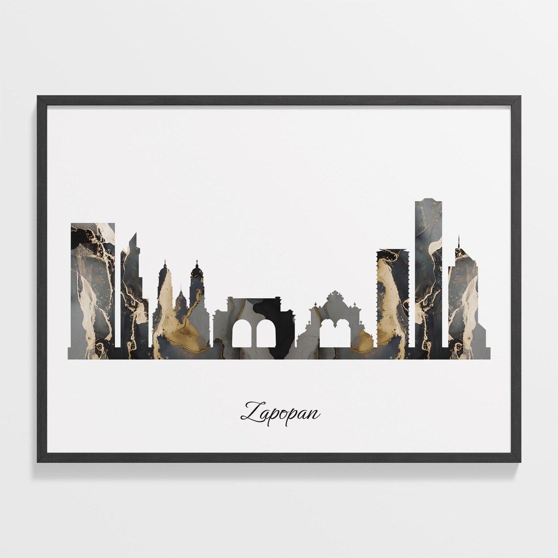Zapopan Luxury Black Gold Marble City Skyline Silhouette Poster