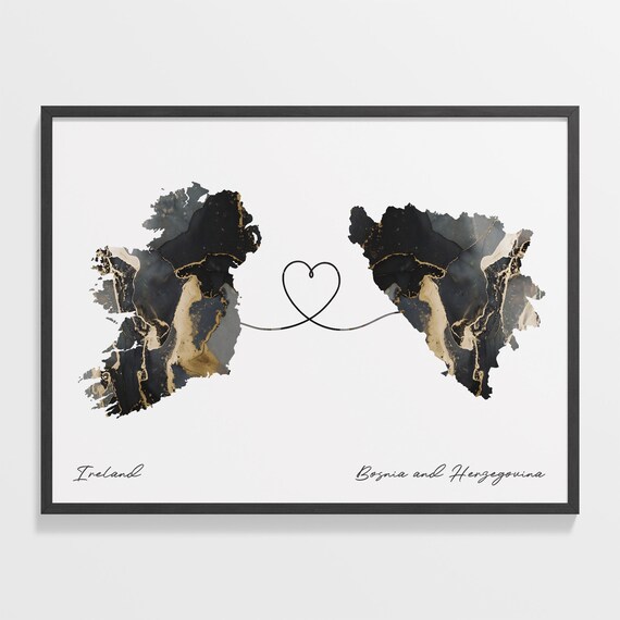 Ireland and Bosnia and Herzegovina Black Gold Marble Heart Connection Map Poster
