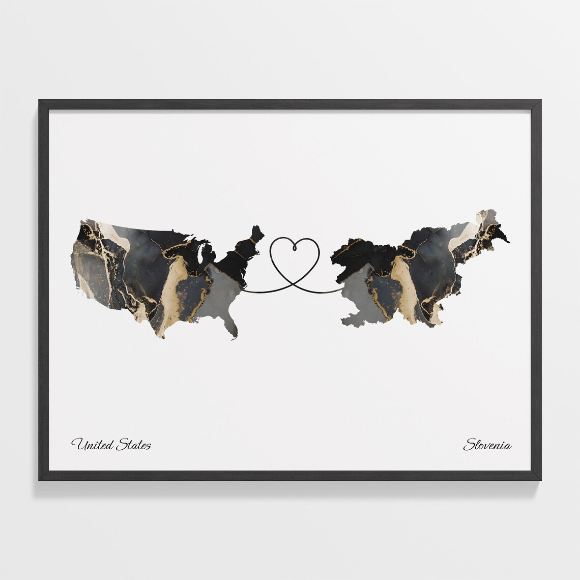 United States to Slovenia Marble Heart Map Print Long Distance Relationship Gift