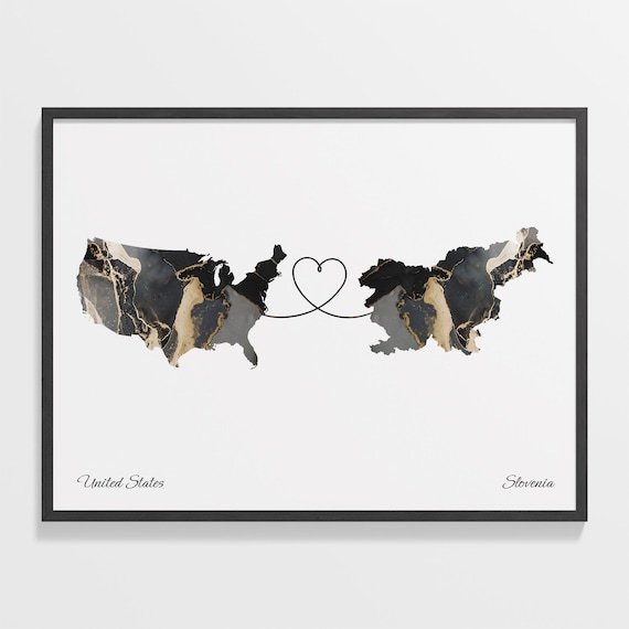 United States to Slovenia Marble Heart Map Print Long Distance Relationship Gift