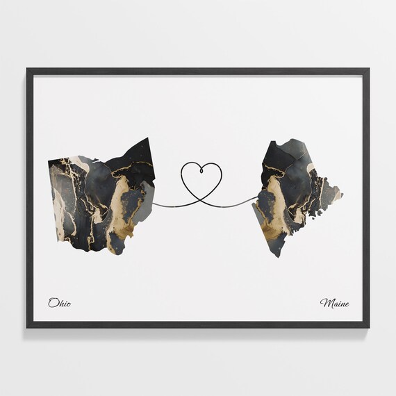 Ohio to Maine Black Marble State Map Long Distance Love Poster