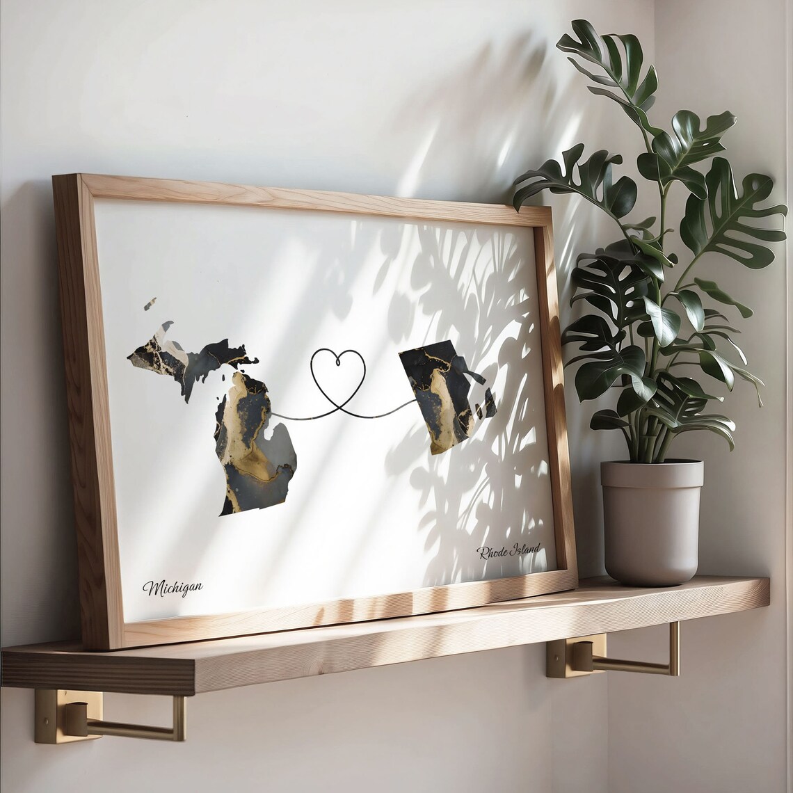 Michigan To Rhode Island Marble Map Heart Poster Long Distance Love Gift - Image 3