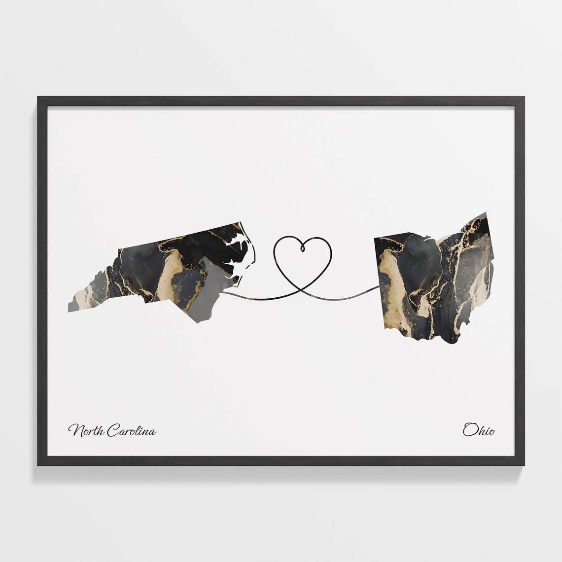 North Carolina to Ohio Black Marble State Map Long Distance Love Poster