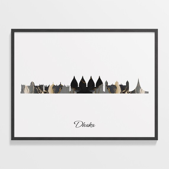 Dhaka Skyline Minimalist Black Gold Marble Cityscape Art Poster