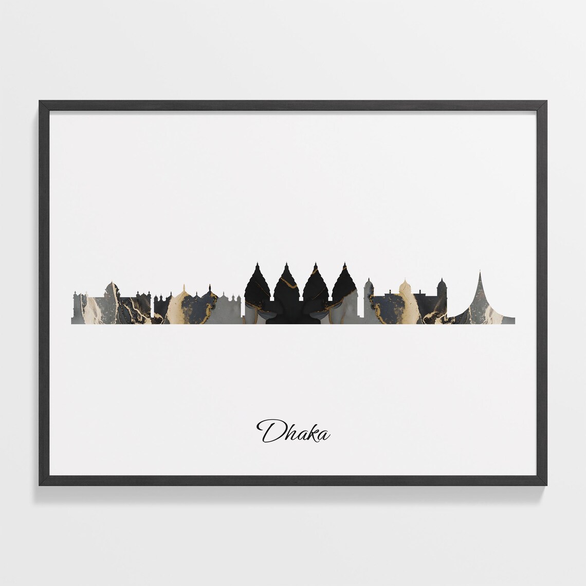 Dhaka Skyline Minimalist Black Gold Marble Cityscape Art Poster