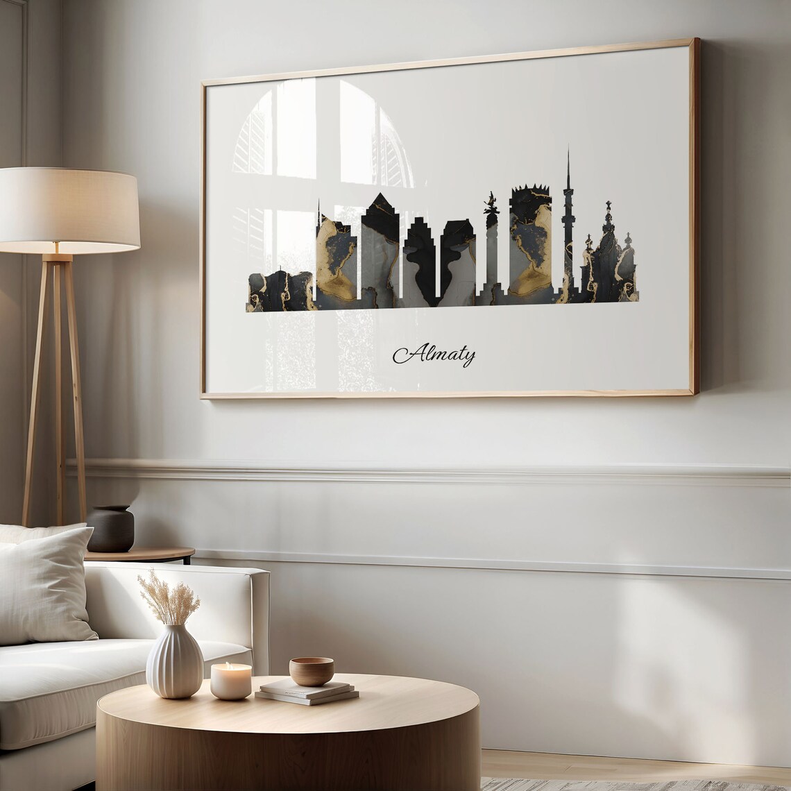 Almaty Kazakhstan Black Gold Marble Skyline Silhouette City Print - Image 2
