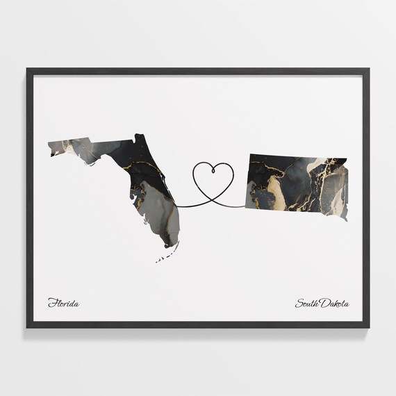 Florida to South Dakota Long Distance Love Marble Map Art Poster