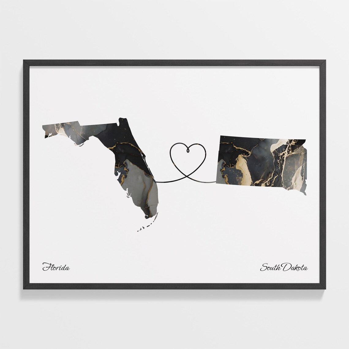 Florida to South Dakota Long Distance Love Marble Map Art Poster