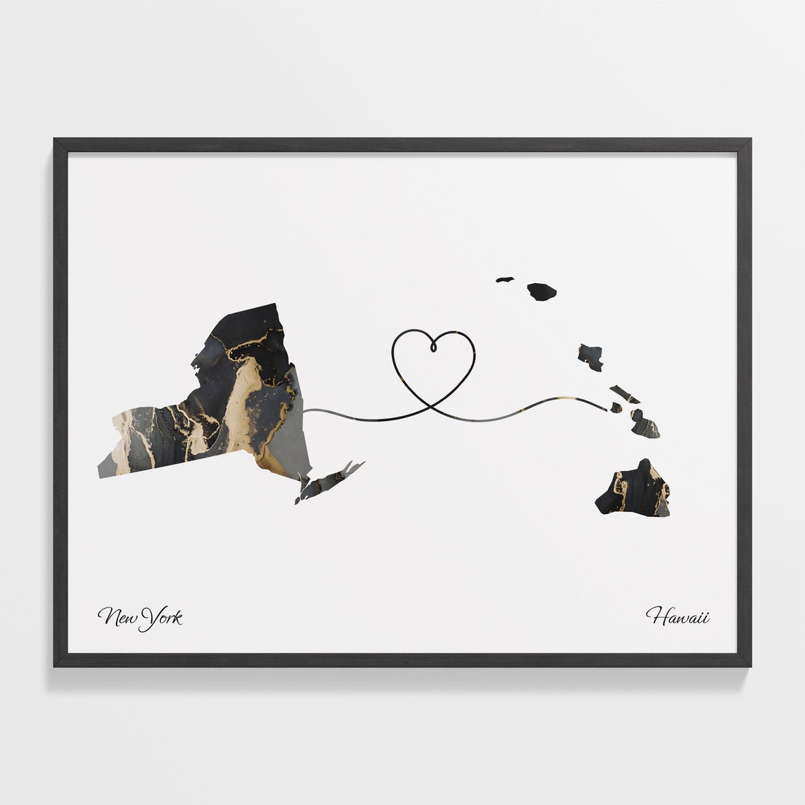 New York to Hawaii Heart Connection Modern Marble Map Poster