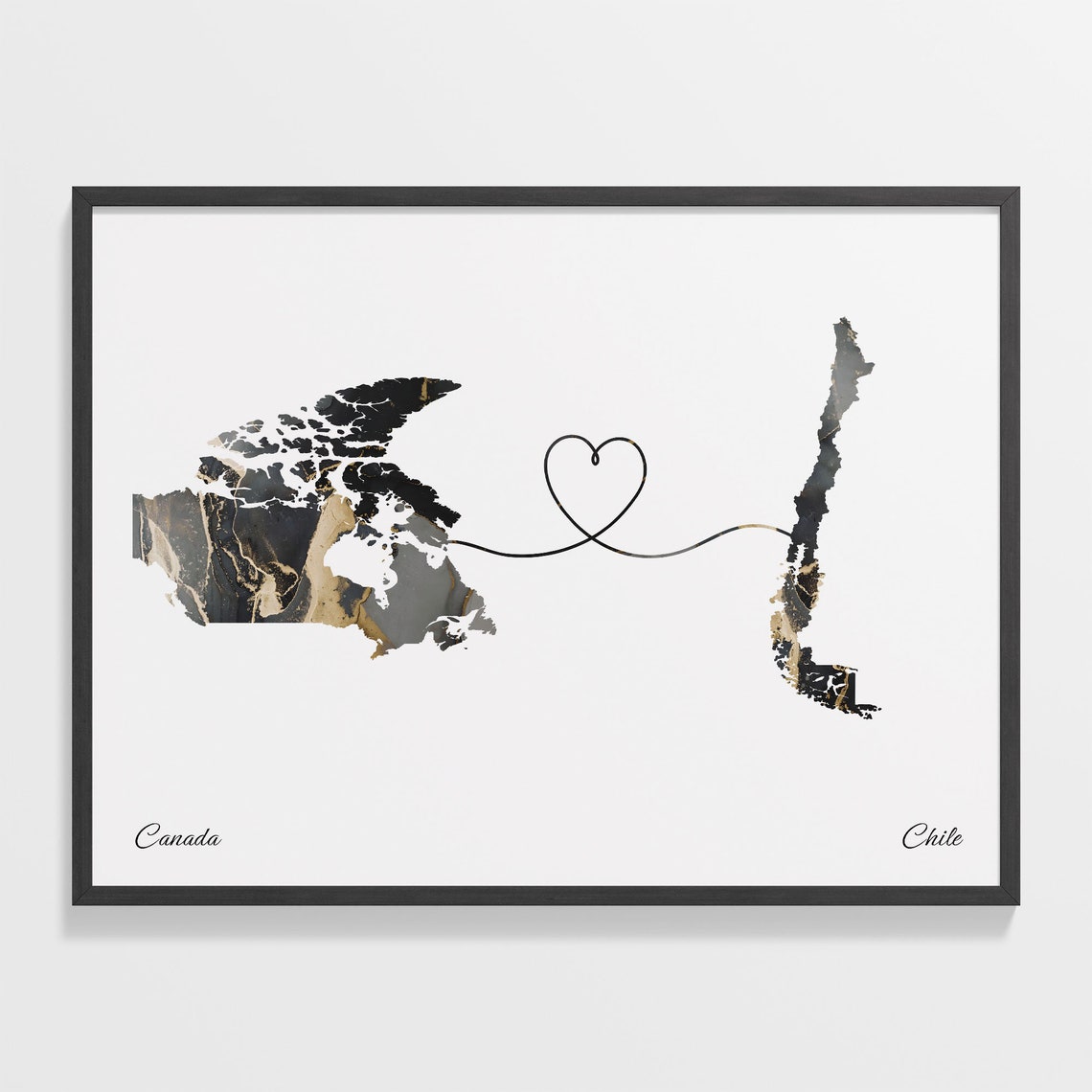 Canada and Chile Heart Connected Two Countries Marble Map Poster