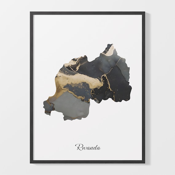 Rwanda Elegant Black Gold Marble Country Map Home Decor Art Poster