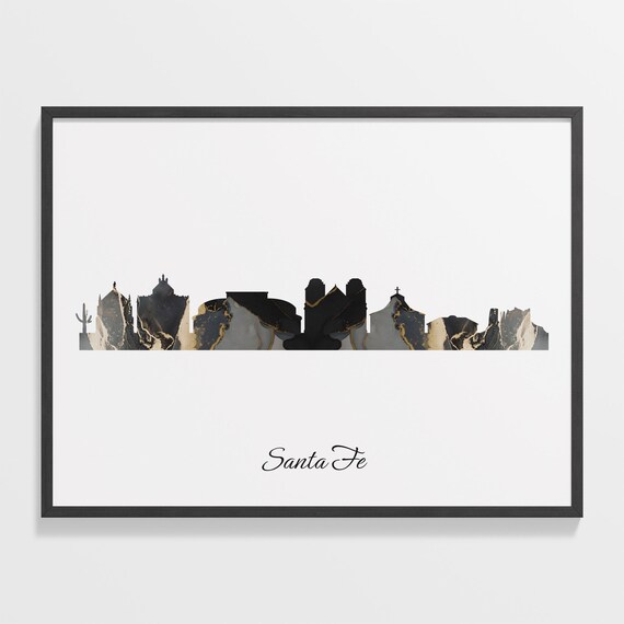 Santa Fe New Mexico USA Black Gold Marble Skyline Silhouette City Print