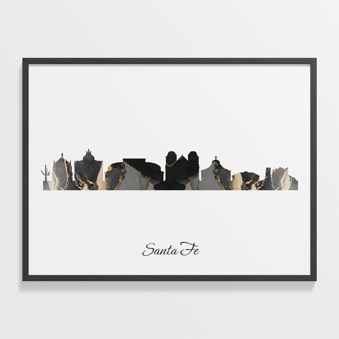 Santa Fe New Mexico USA Black Gold Marble Skyline Silhouette City Print