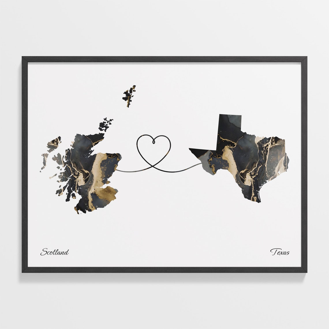 Long Distance Scotland to Texas Heart Connection Marble Map Poster