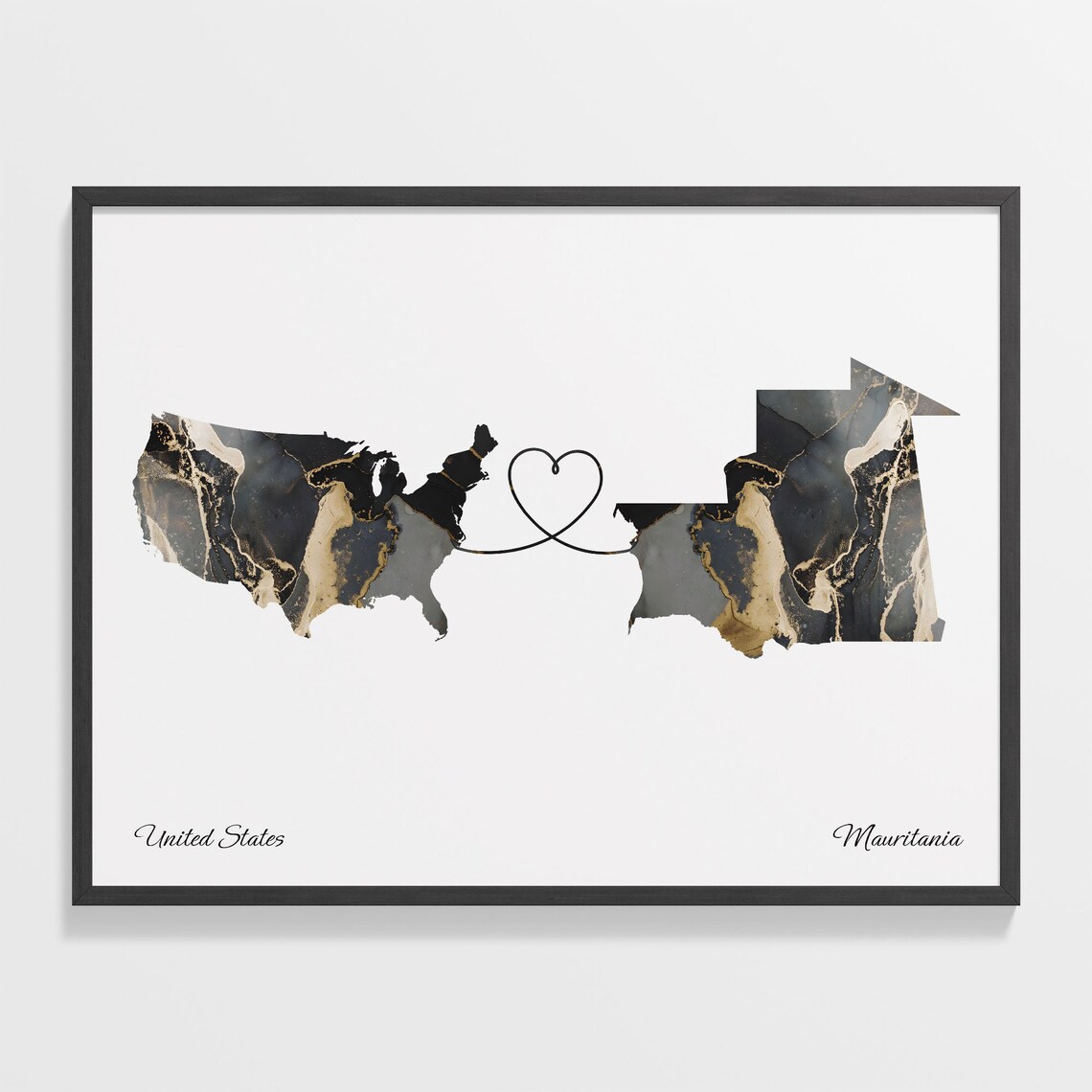 United States to Mauritania Black Gold Marble Heart Map Poster