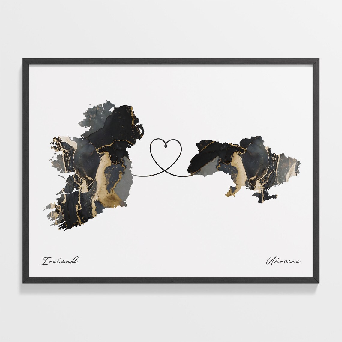 Ireland to Ukraine Black Gold Marble Map Heart Line Art Poster