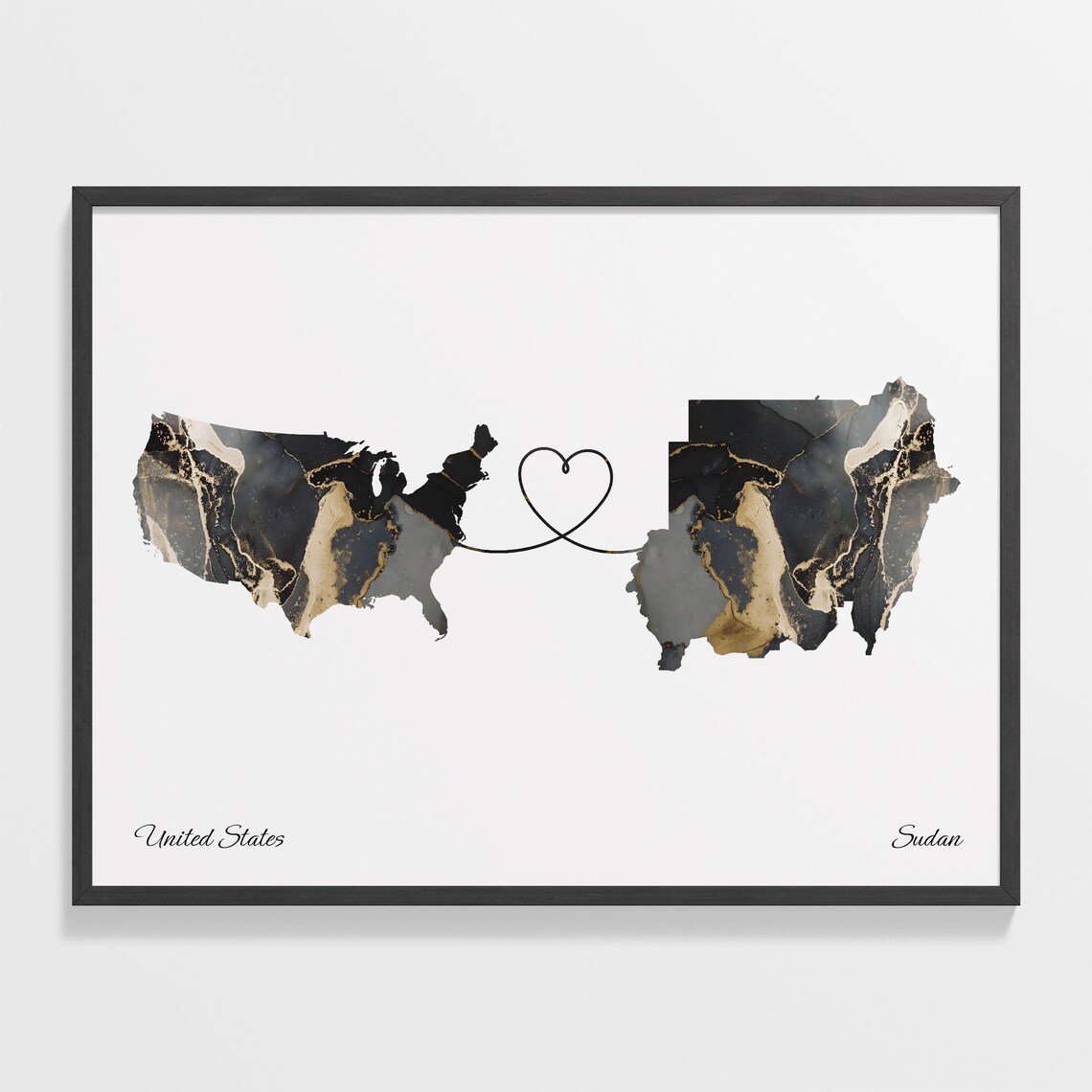 United States to Sudan Heart Connected Long Distance Marble Map Poster