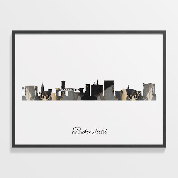 Bakersfield Skyline Marble Cityscape Black and Gold Travel Poster