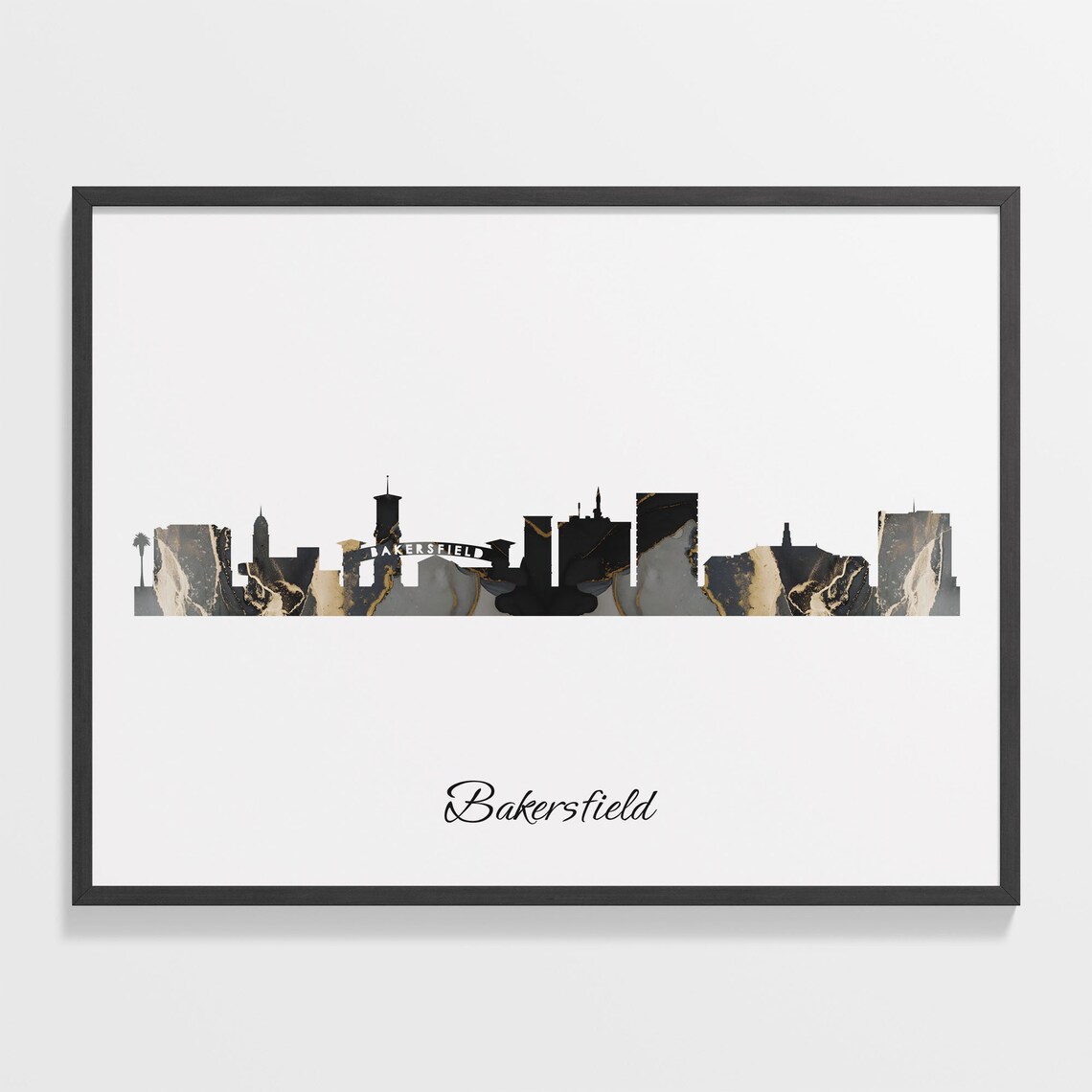 Bakersfield Skyline Marble Cityscape Black and Gold Travel Poster