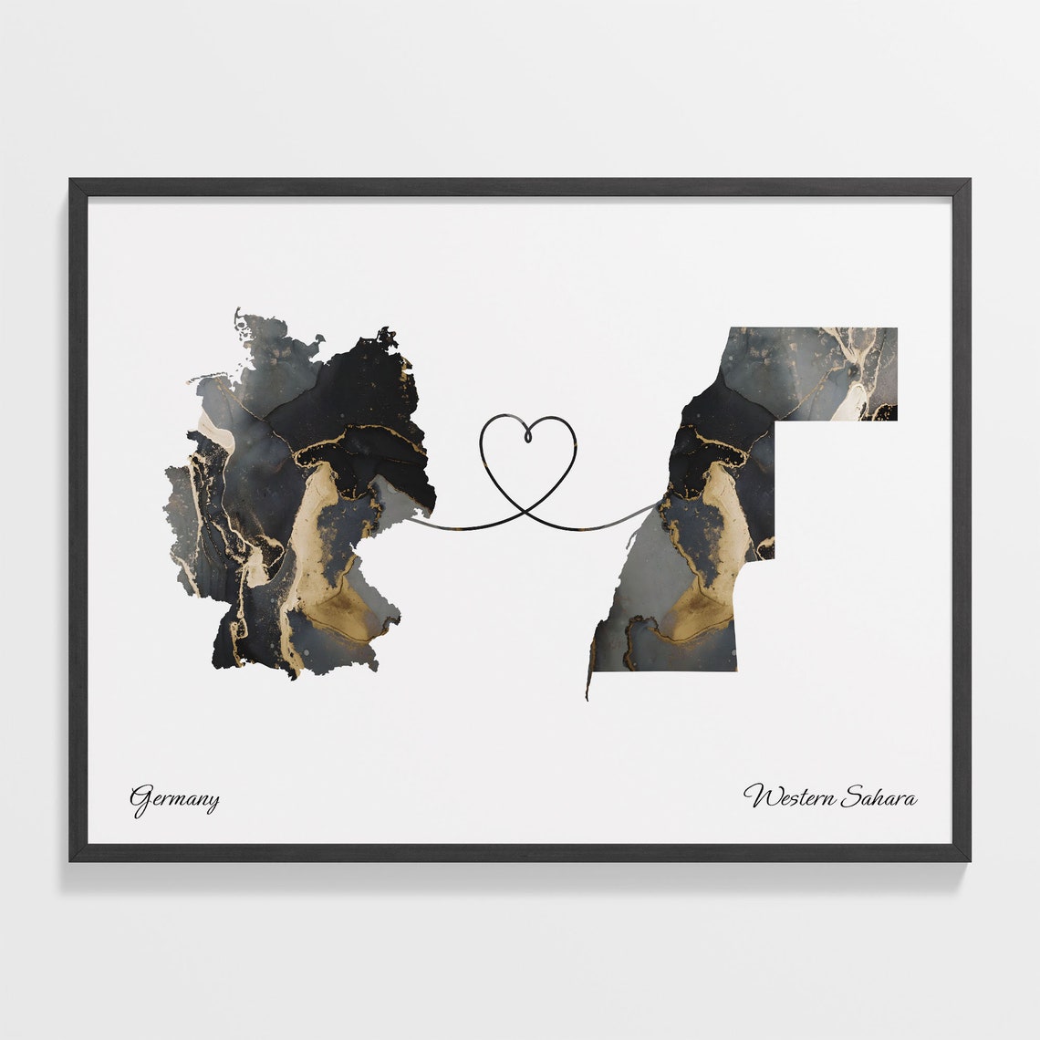 Germany and Western Sahara Marble Heart Map Long Distance Poster