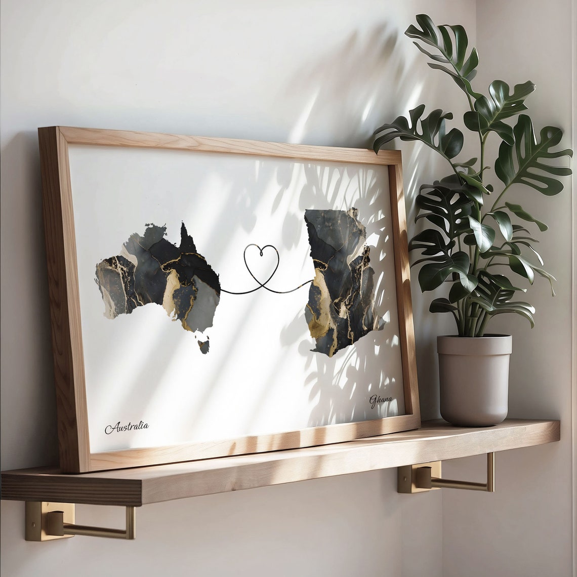 Australia and Ghana Black Marble Heart Connection Map Poster - Image 3