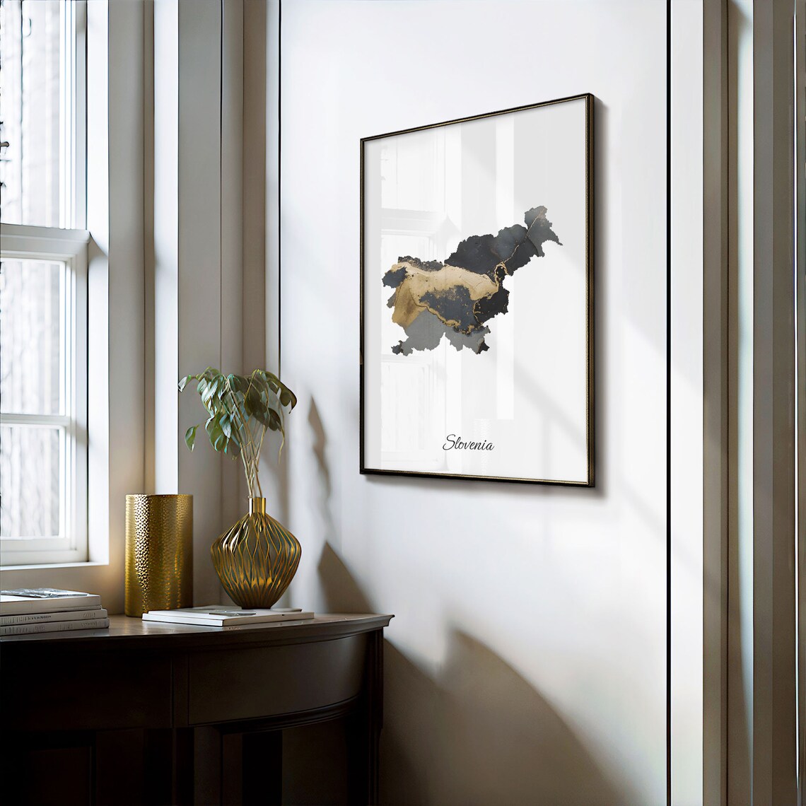 Slovenia Modern Black Gold Marble Country Map Office Wall Decor Art Poster - Image 3
