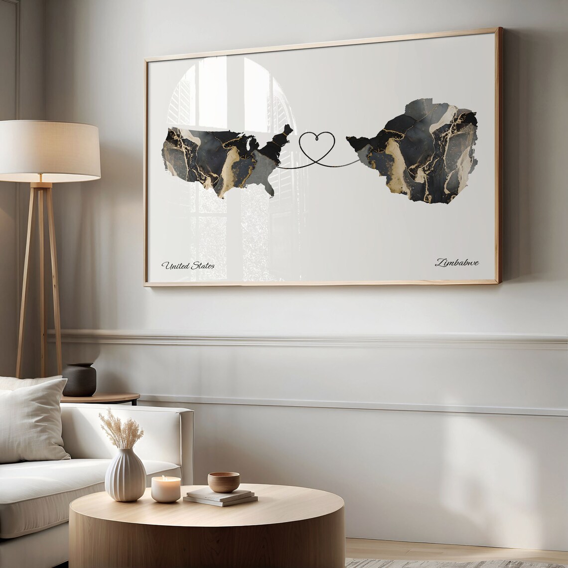 United States and Zimbabwe Black Gold Marble Heart Connection Map Poster - Image 2