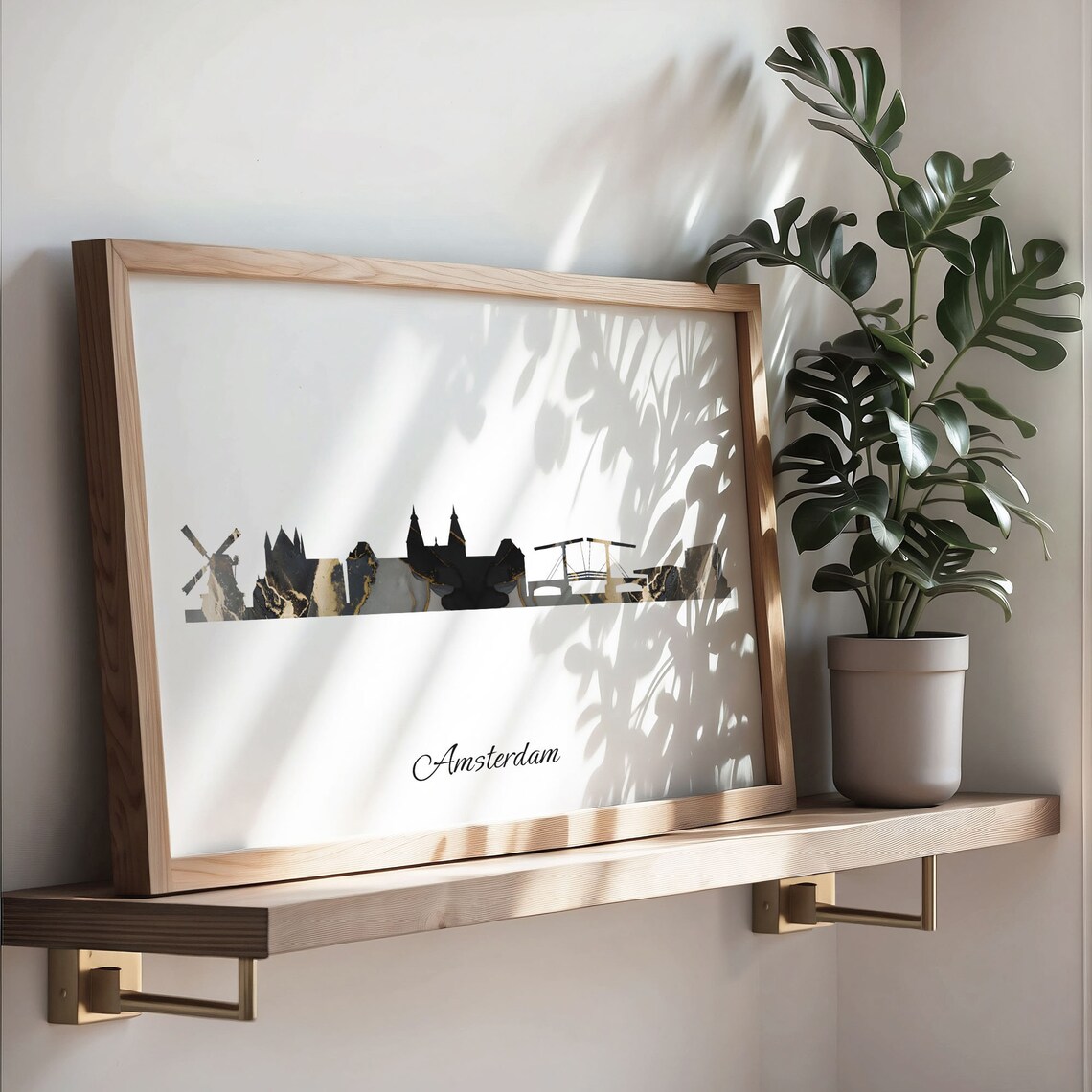 Amsterdam Black Marble Skyline Windmill Bridge Poster Modern Cityscape Art - Image 3