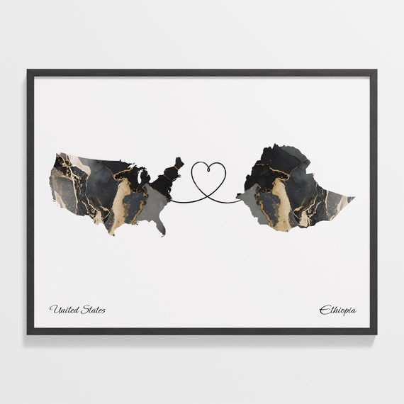 USA to Ethiopia Map Poster, Travel Print