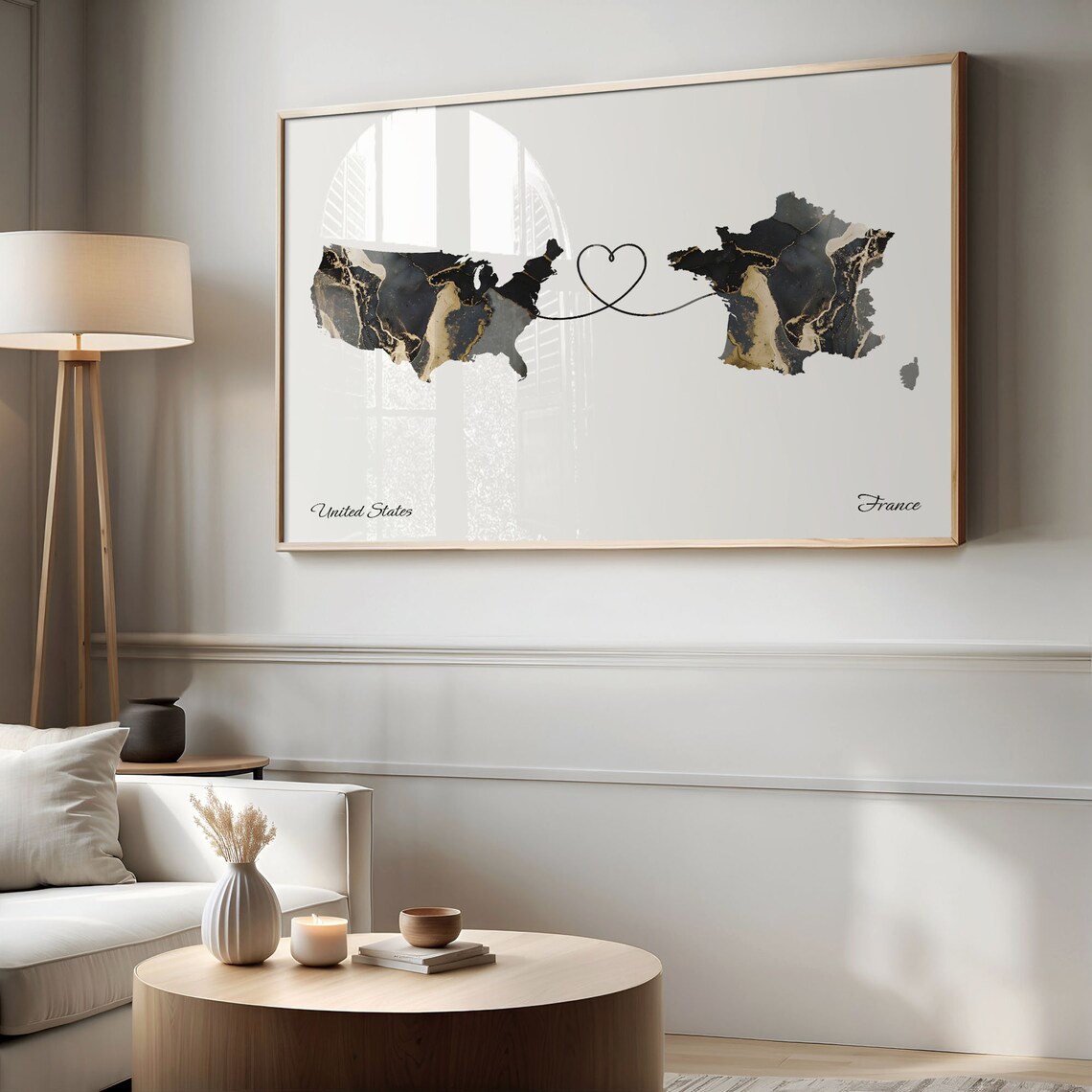 United States and France Marble Map Heart Long Distance Poster - Image 2