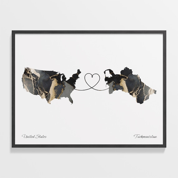 United States to Turkmenistan Heart Connected Long Distance Marble Map Poster