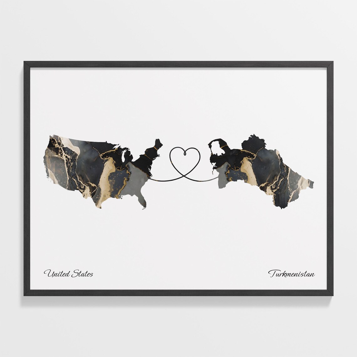 United States to Turkmenistan Heart Connected Long Distance Marble Map Poster