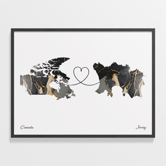 Canada to Jersey Black Gold Marble Heart Connection Map Poster