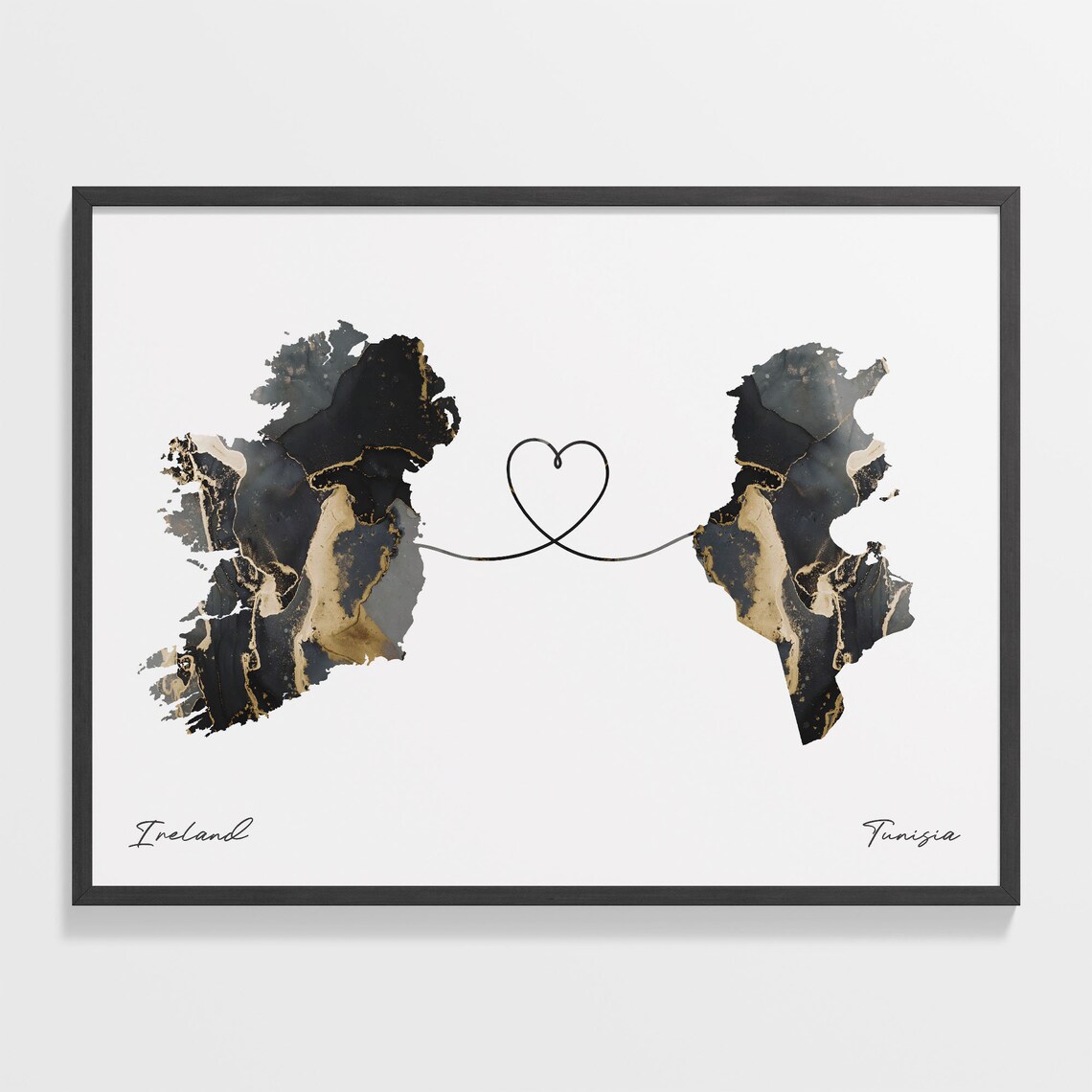 Ireland to Tunisia Black Gold Marble Map Heart Line Art Poster