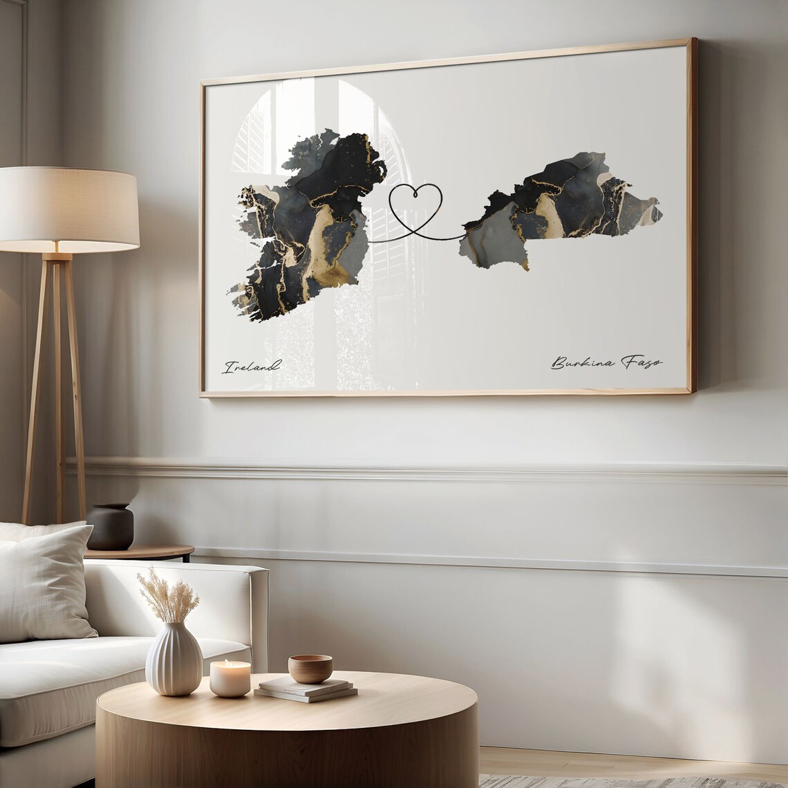 Ireland to Burkina Faso Heart Line Two Countries Black Gold Marble Poster - Image 2