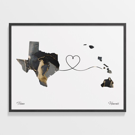 Texas To Hawaii Heart Connected Black Marble State Map Poster
